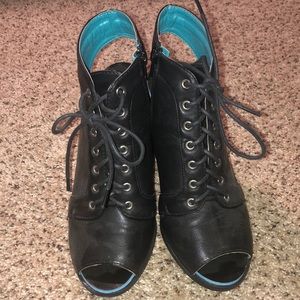 Black open toed heeled boots